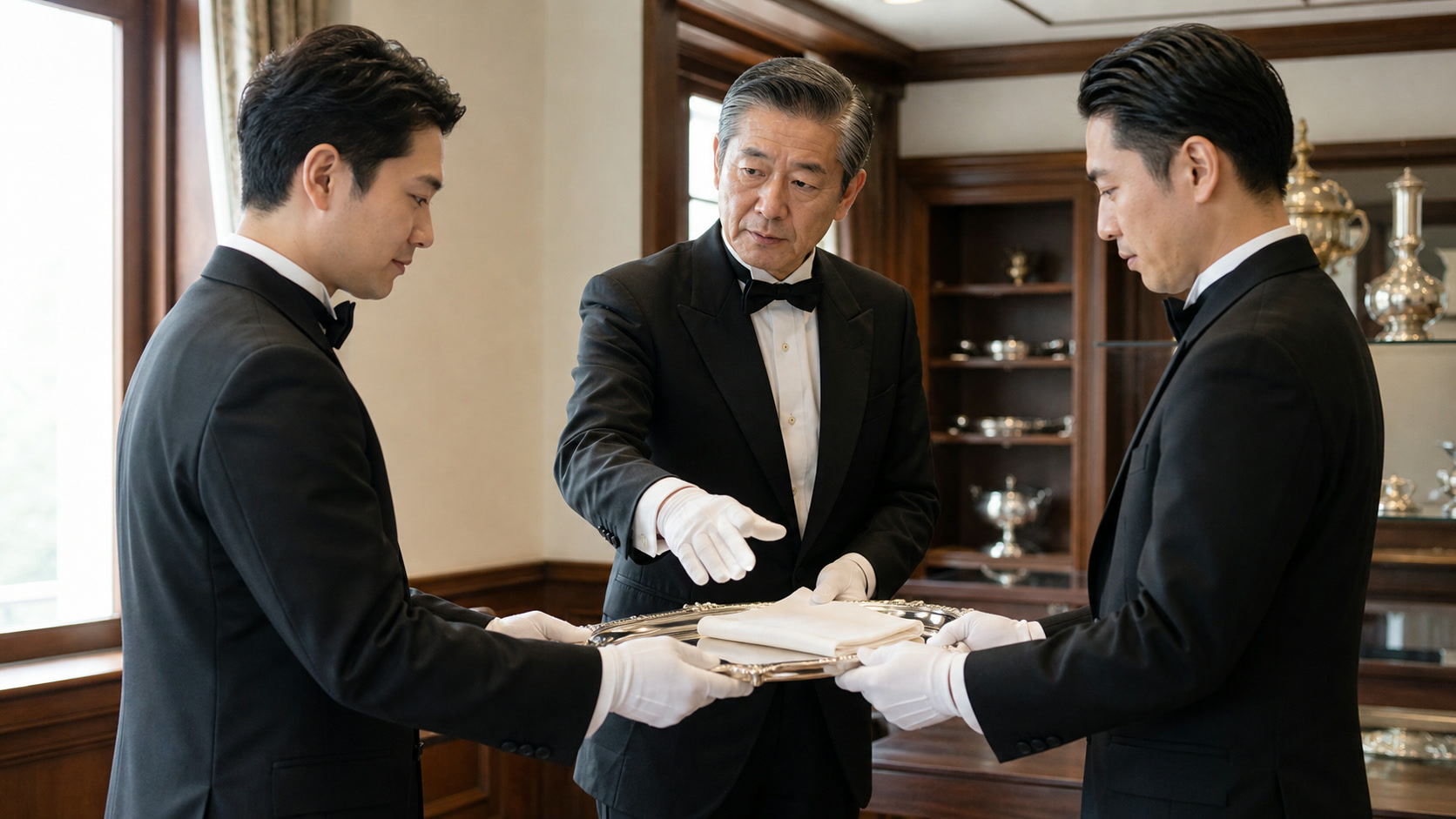 Japanese butler trainees practicing precise handover technique with an instructor in a growth-era training scene