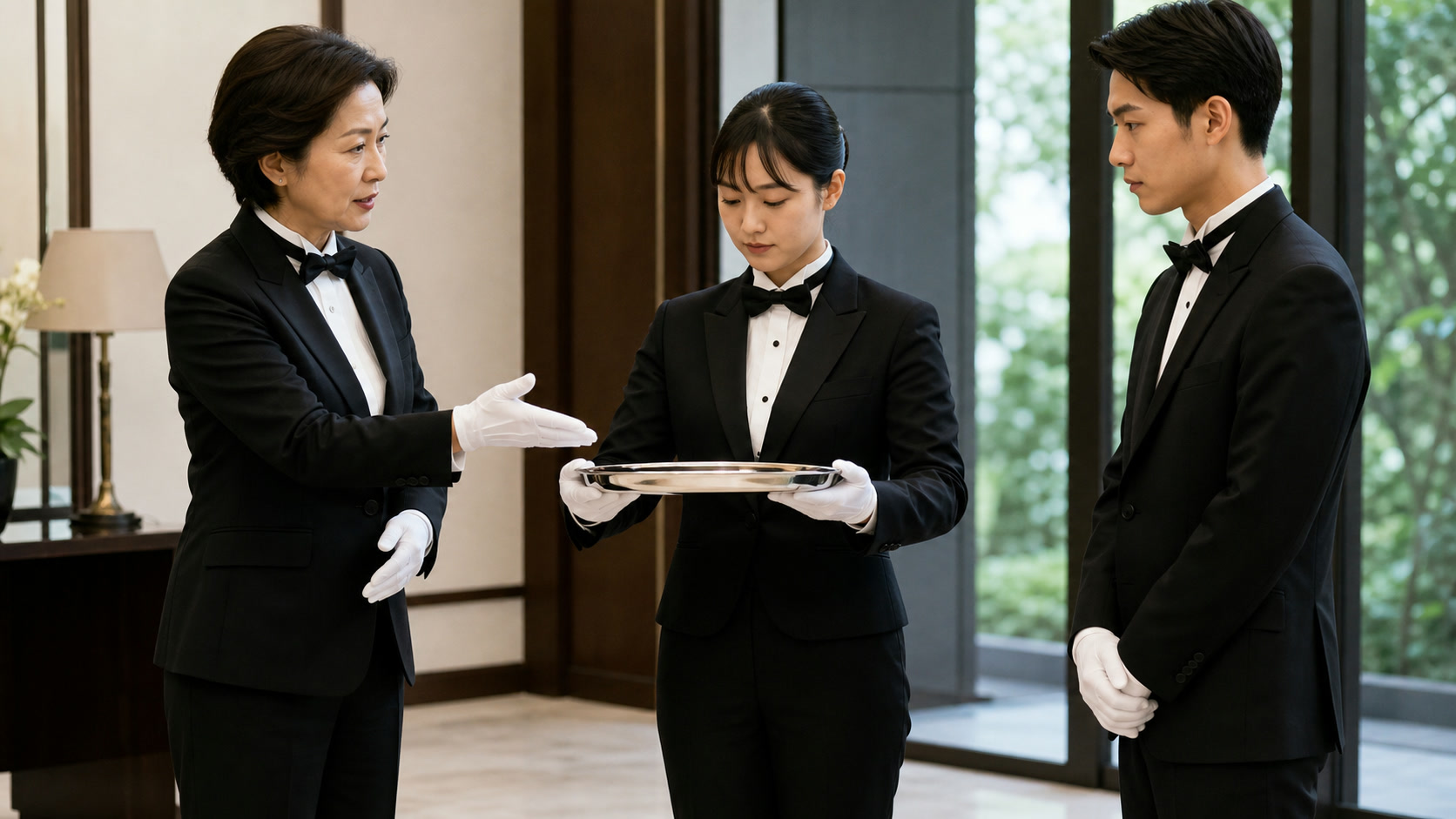 日本人の講師と受講者がトレーの受け渡しを確認する執事研修の情景