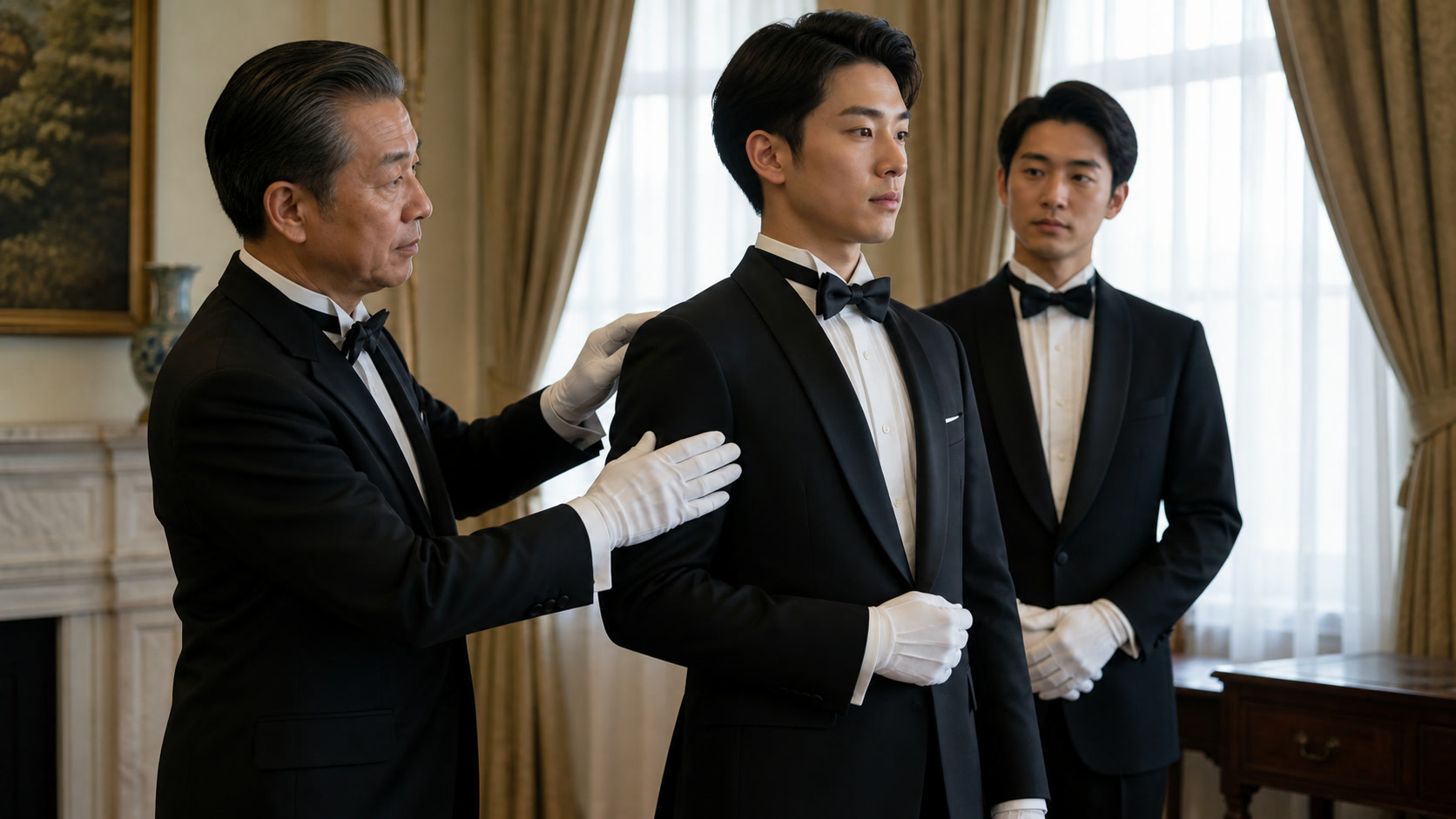 Senior Japanese instructor adjusting a younger butler trainee's bearing, illustrating inherited craft and posture