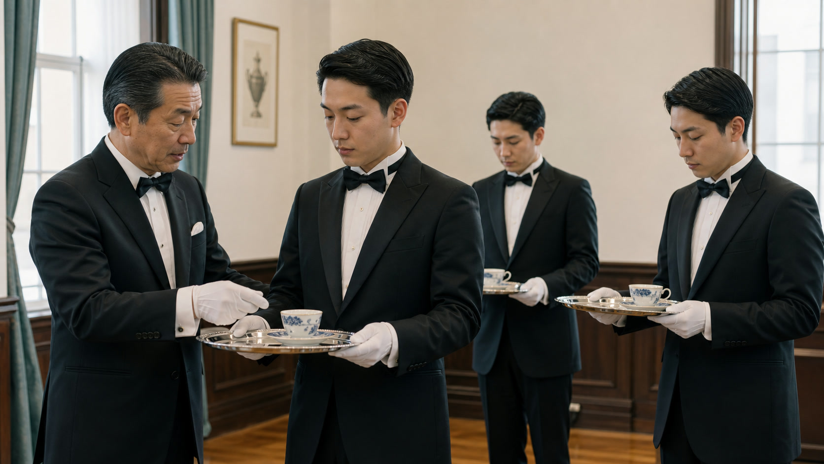日本人講師と受講者がトレーサービスの技を確認する様子。世代を超えて継承される技と心のイメージ
