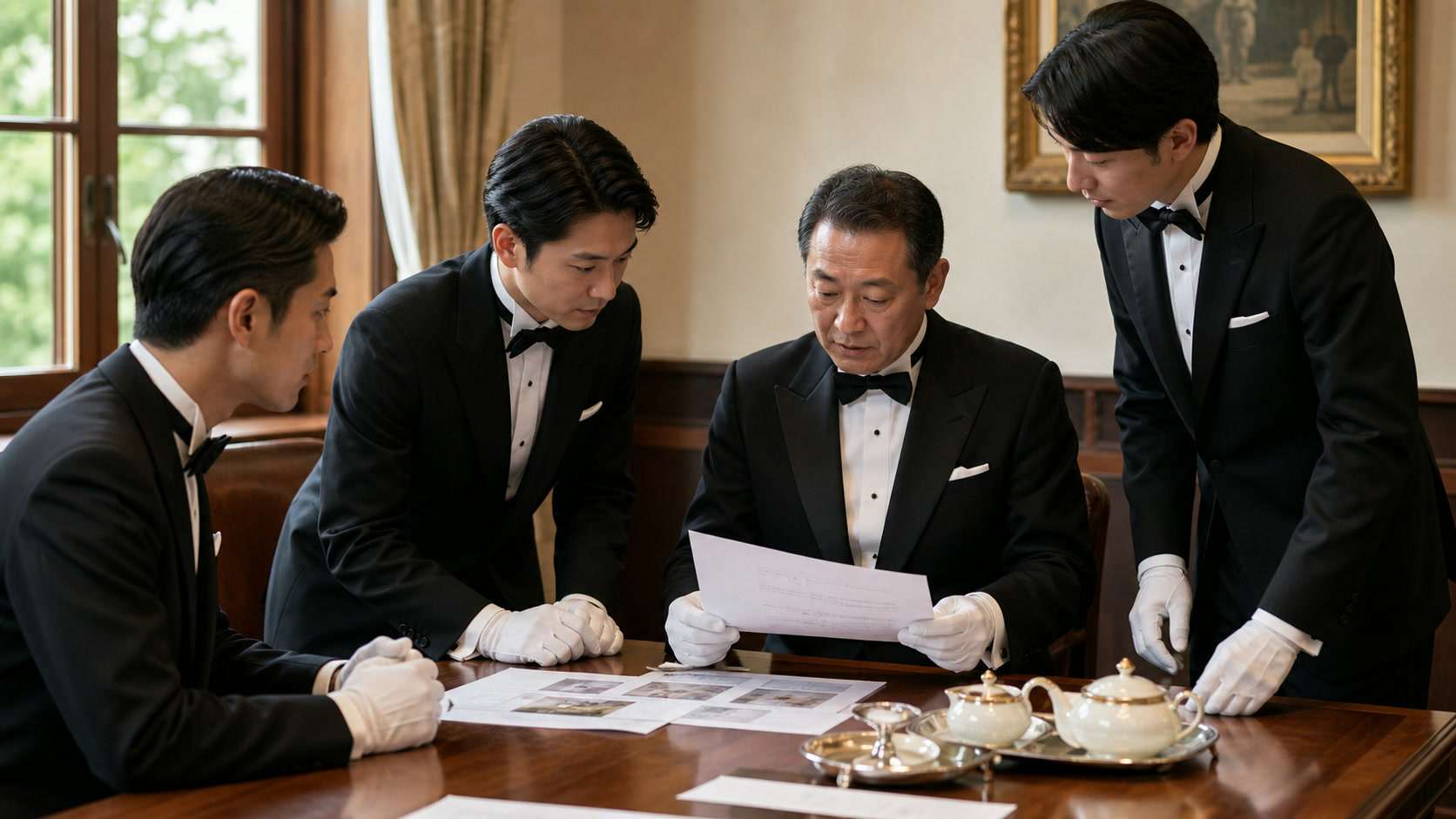 A Japanese butler team briefing around a table under shared service standards after reunification
