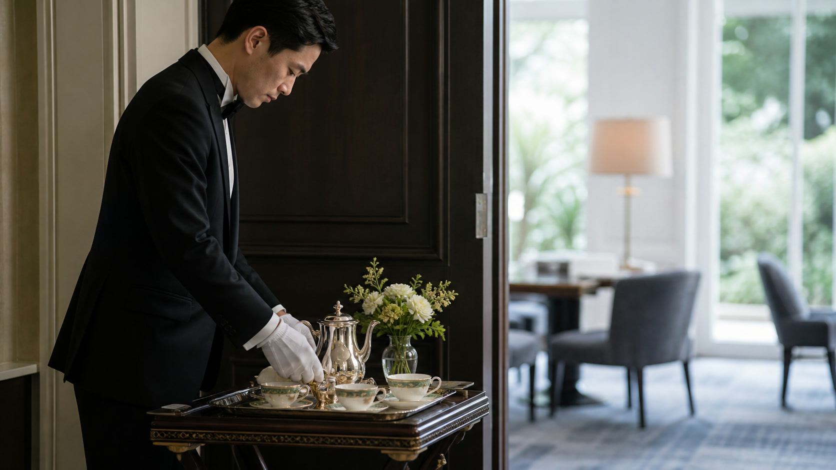 Illustrative Japanese butler quietly arranging tea service, expressing discreet hospitality without depicting a real person