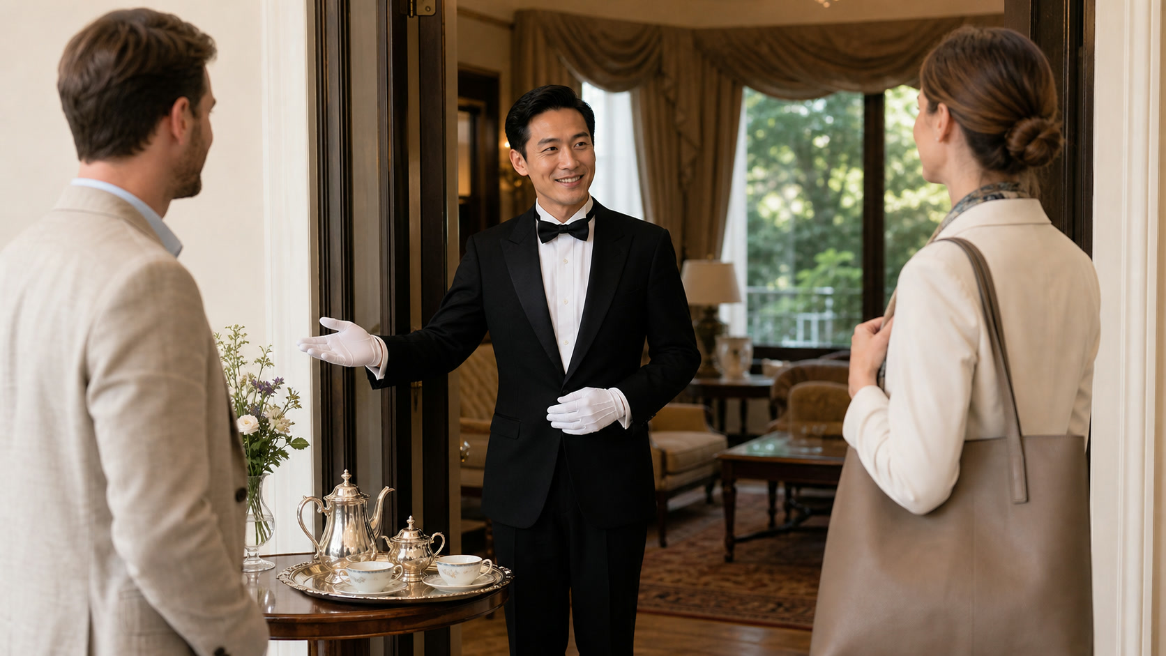 A Japanese butler welcoming overseas guests in a refined service setting, supporting international hospitality training