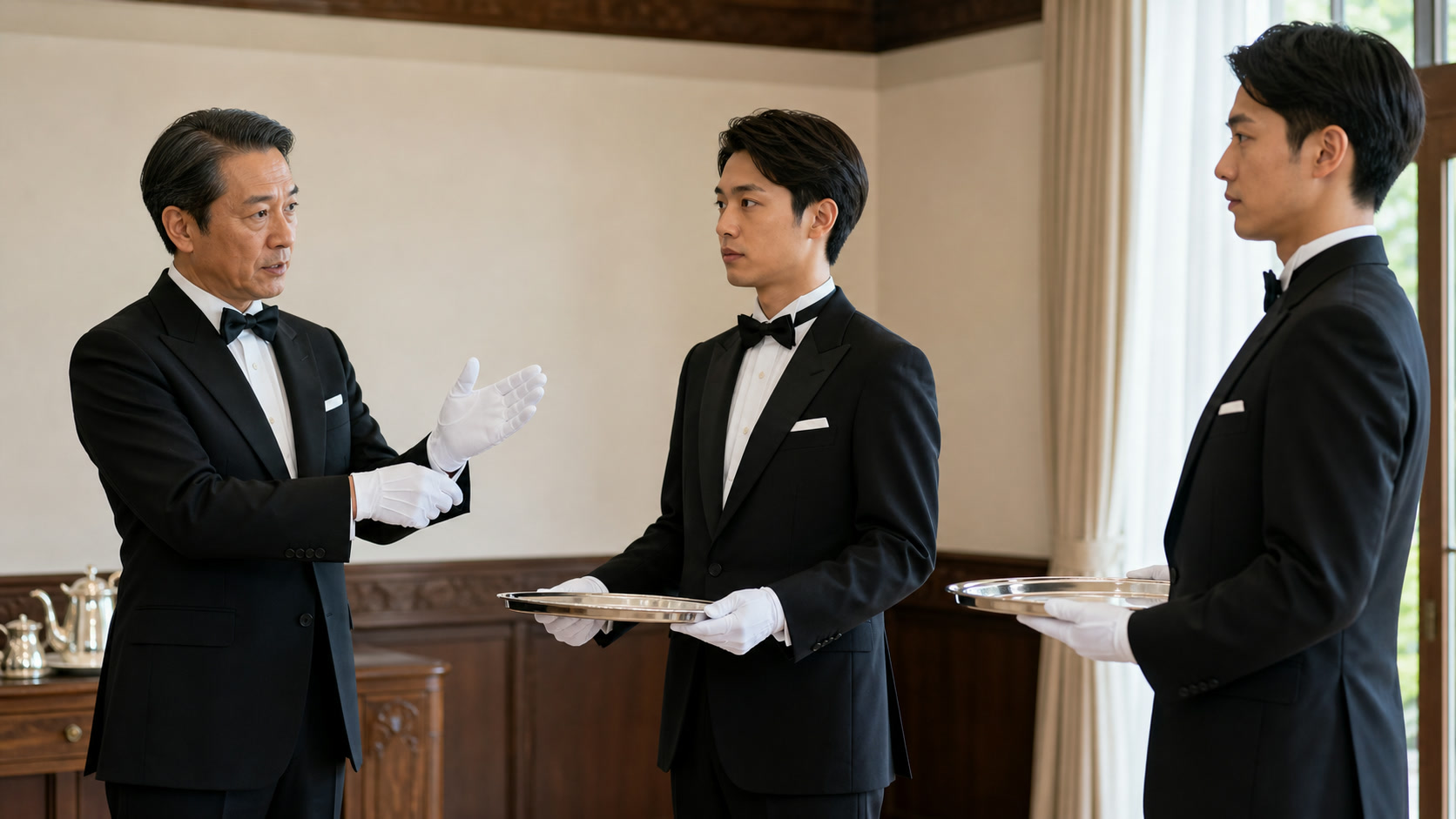 Japanese butler trainees receiving posture and service-conduct instruction, cultivating both technique and spirit