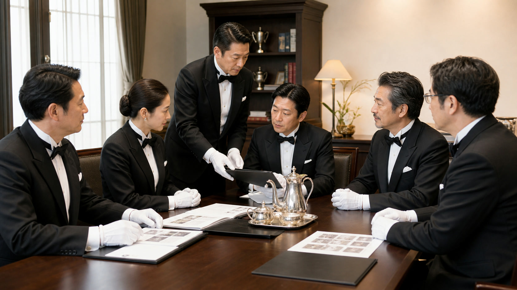 Japanese association staff in formal butler attire discussing cross-department coordination around service materials