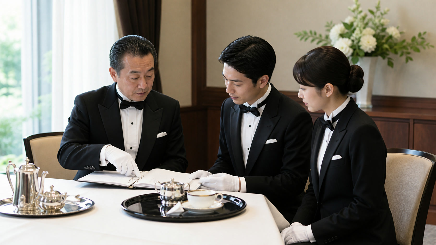 講師と受講者が研修内容を確認する様子。教育活動に取り組む部門スタッフのイメージ