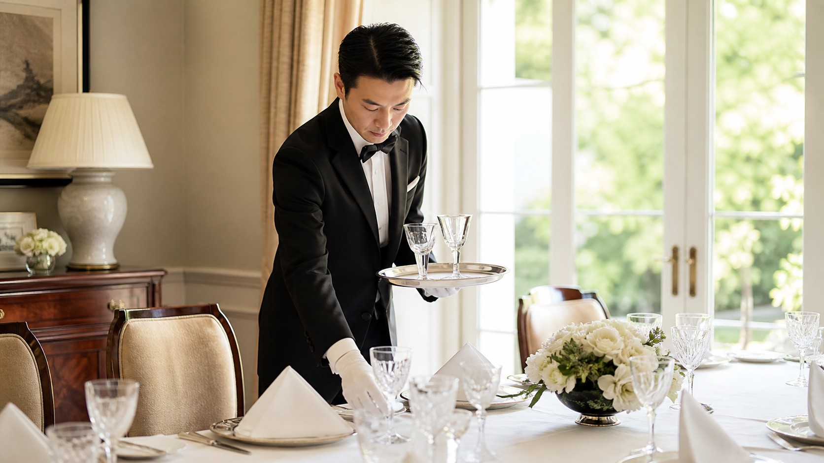 Butler service. A dedicated Japanese butler arranging table service for full-day support