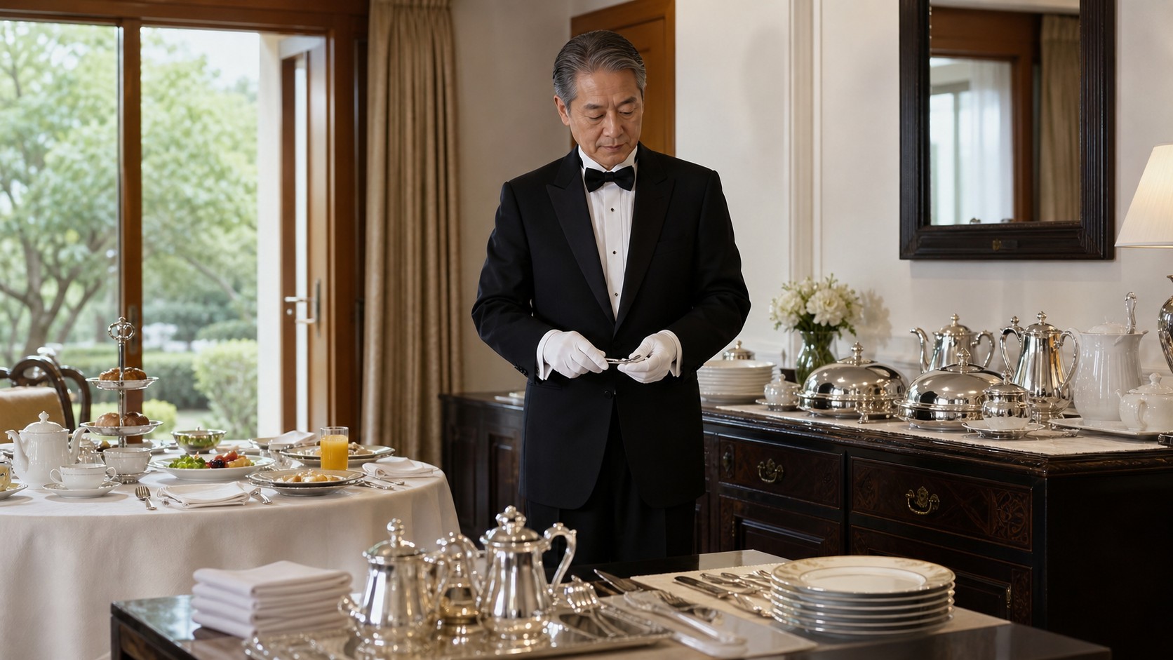 Butler service. A Japanese senior butler preparing full-day dining support in a private residence