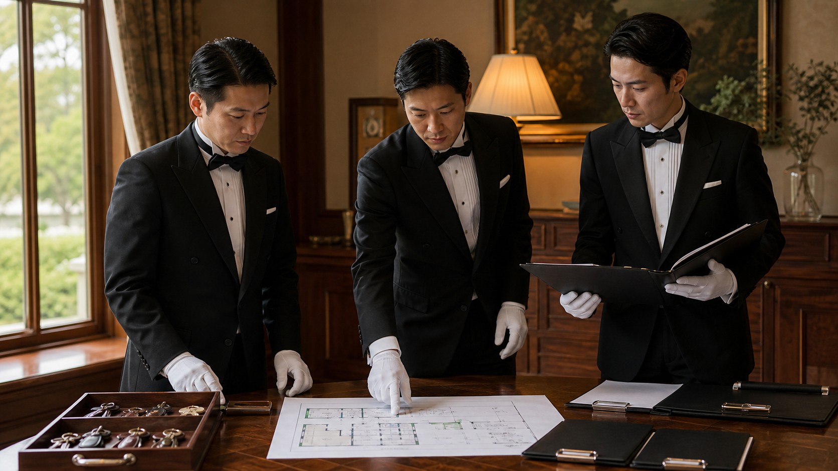 House Steward service. A Japanese butler team reviewing keys and an estate operations plan