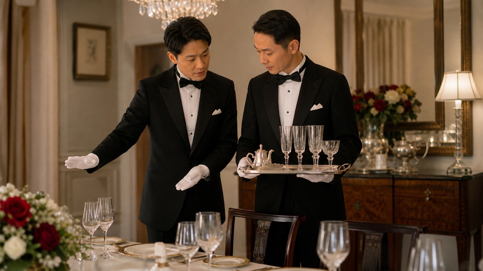 Two Japanese House Steward butlers coordinating formal dining service together
