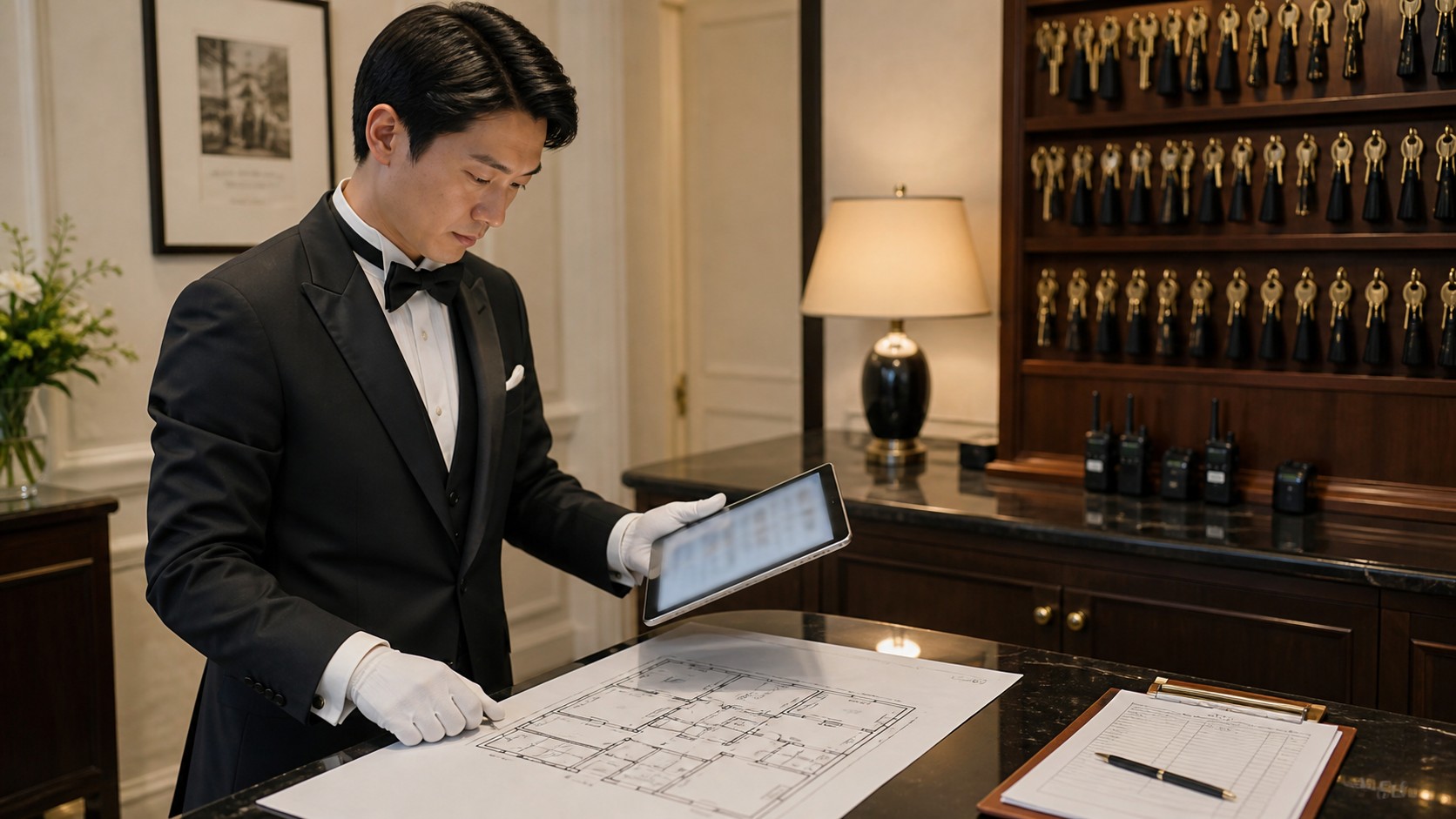 A Japanese House Steward checking a floor plan and tablet for estate operations