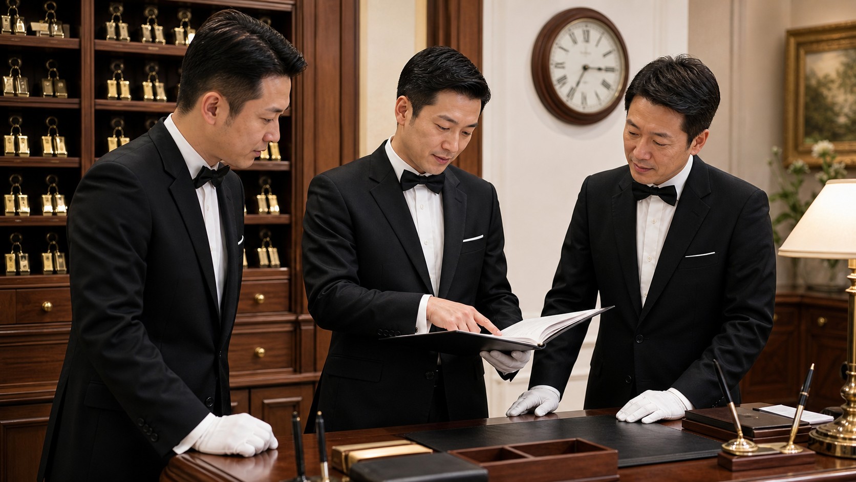 Three Japanese butlers reviewing a rotation handover for continuous House Steward service