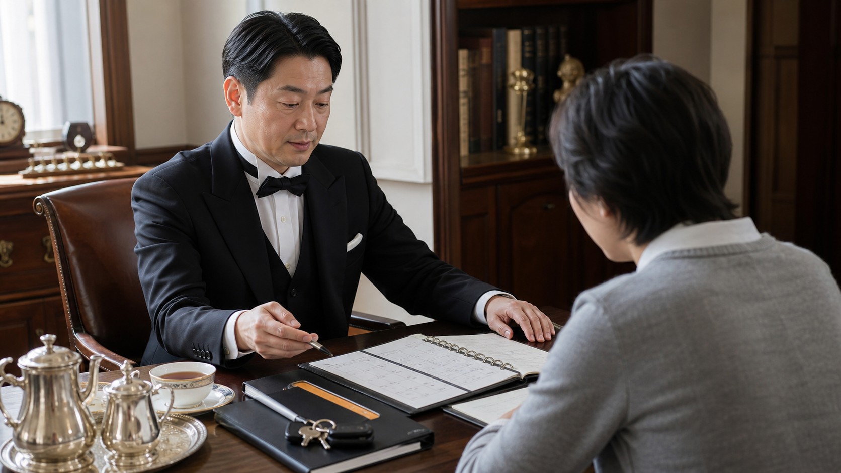 Second Steward service. A Japanese butler reviewing recurring household plans with a client
