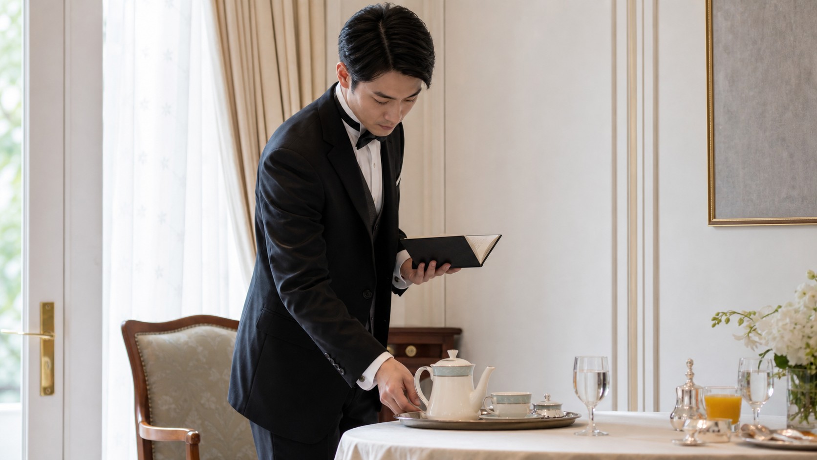 A Japanese Second Steward setting a tea tray and checking a service notebook for daily support
