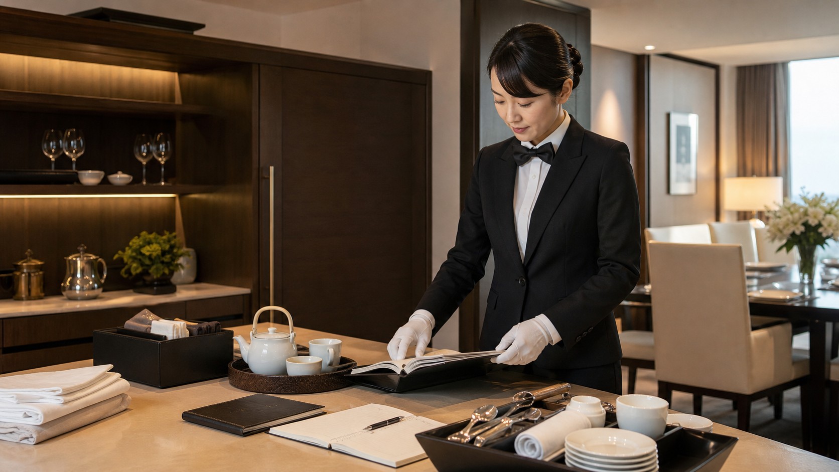 Second Steward service. A Japanese butler preparing continuous daily household support