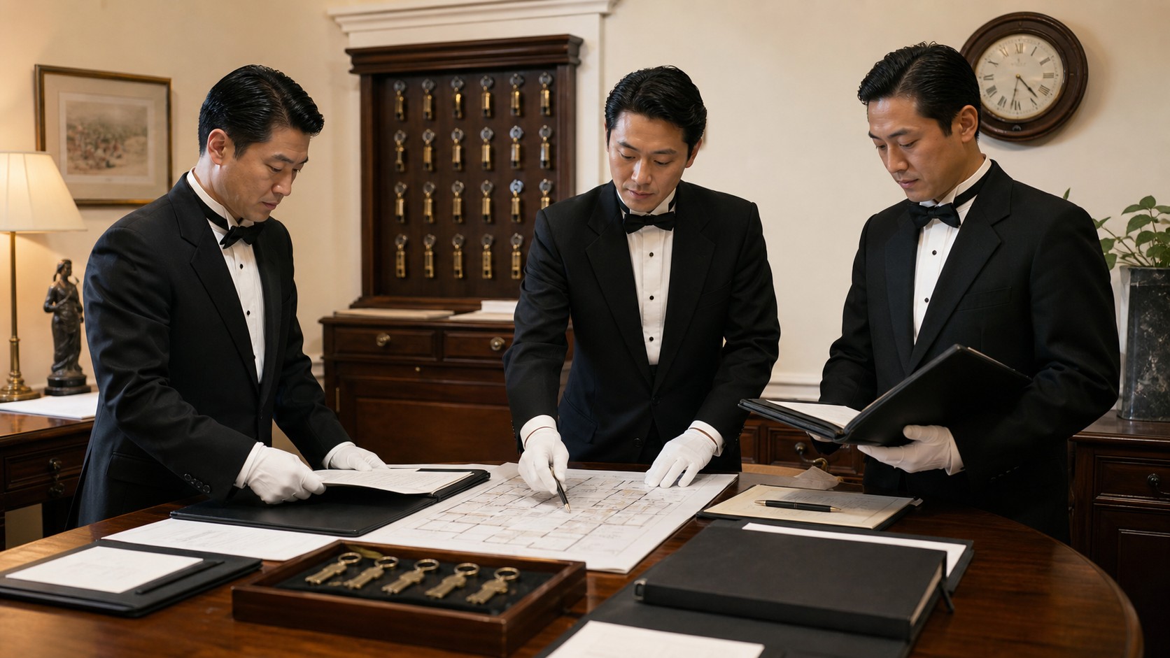 三名の日本人執事が鍵と図面を確認し交代体制を引き継ぐハウススチュワード
