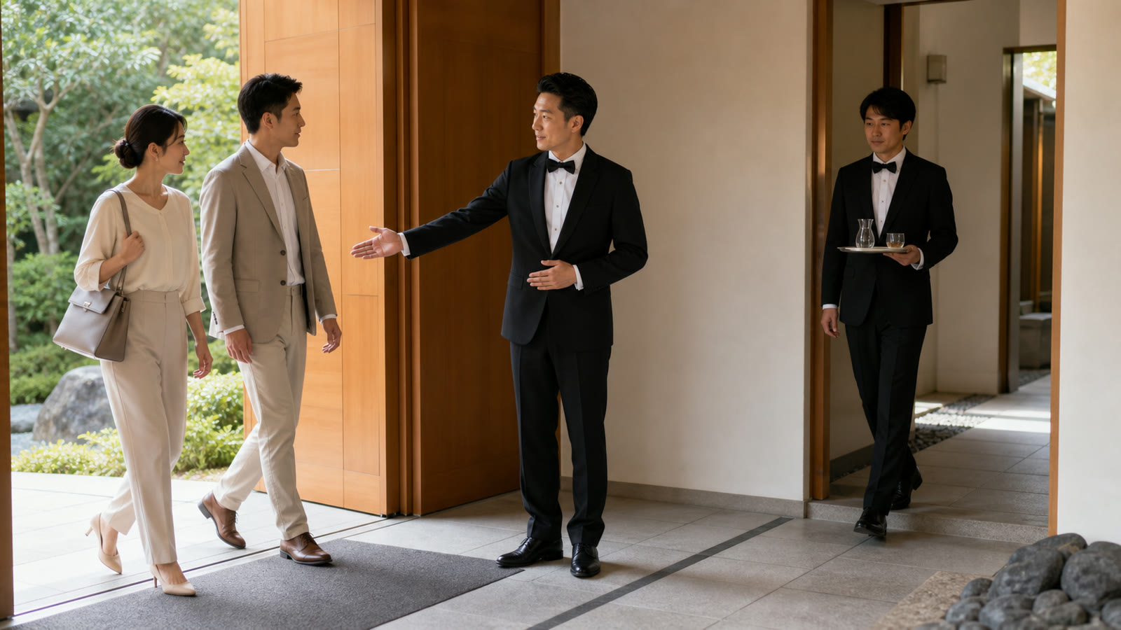 来客とスタッフの動線を静かに整える執事