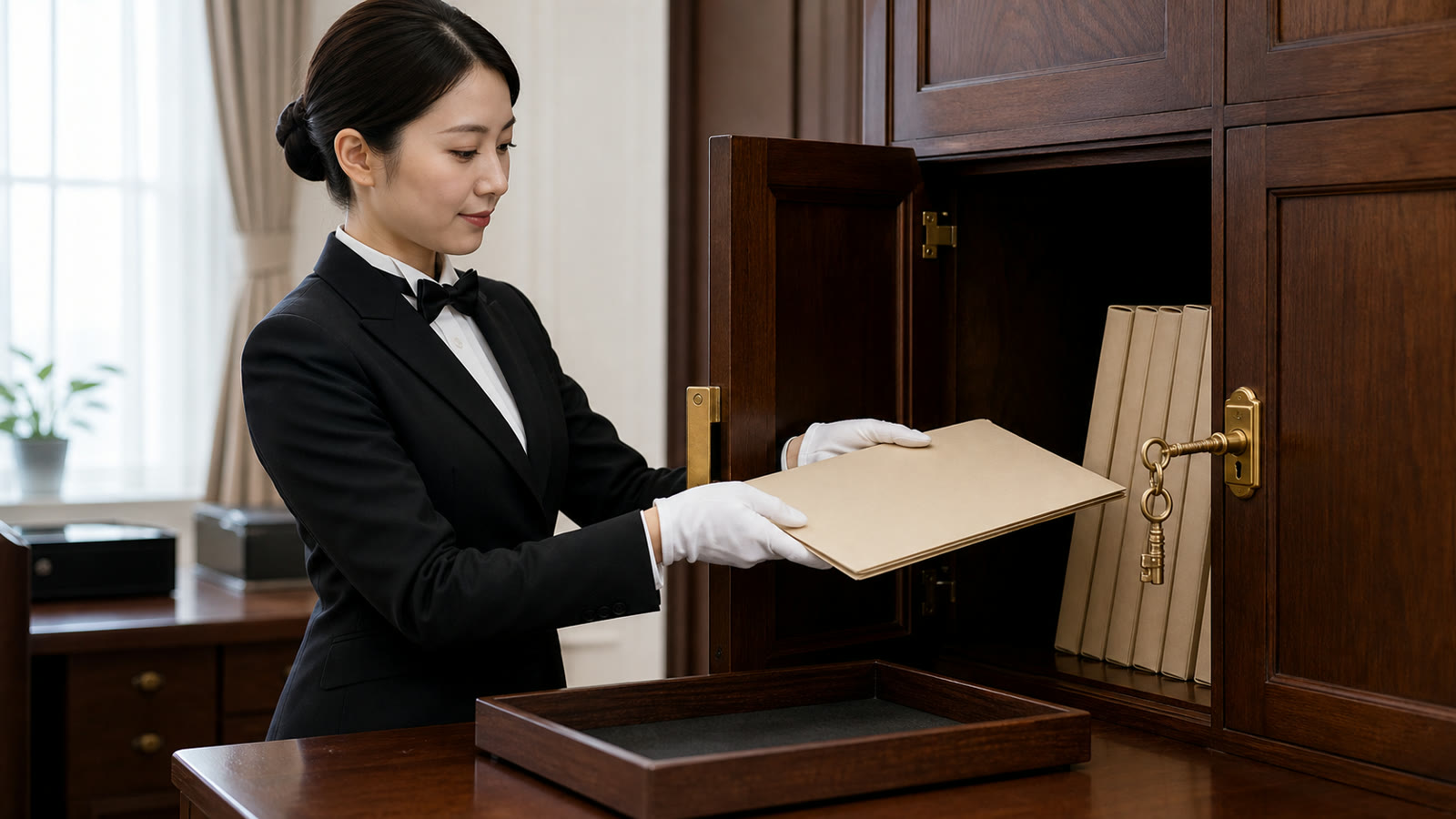 封筒を保管棚へ収めて情報を守る執事