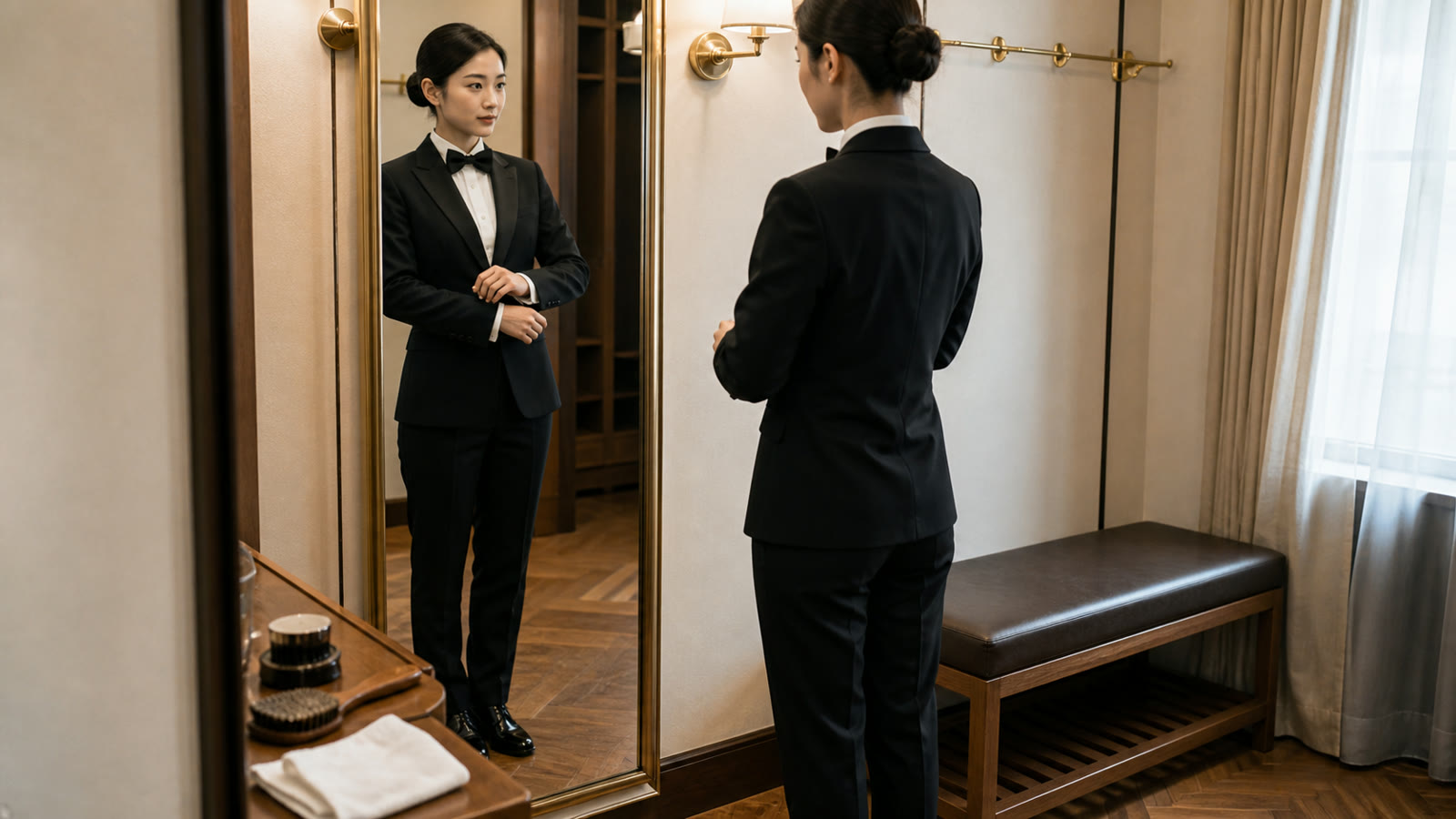 鏡の前で装いと動作準備を確認する執事