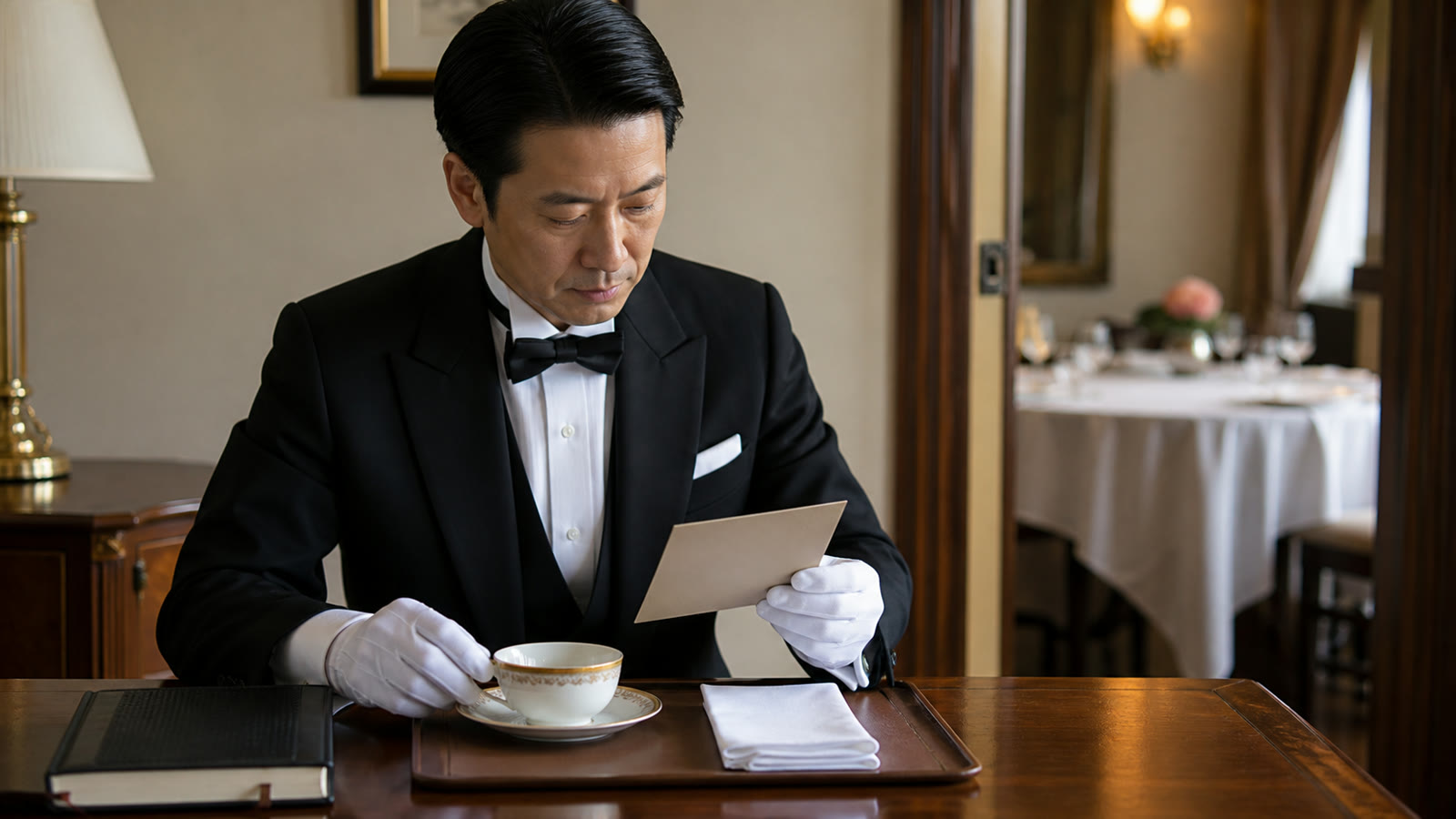 好みの記録と茶器を照合する執事の確認作業