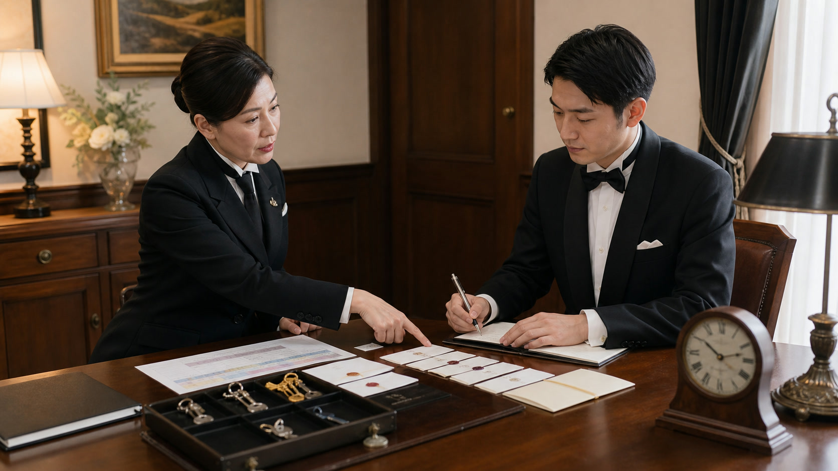 複数の依頼内容を見比べ優先順位を判断する中級執事