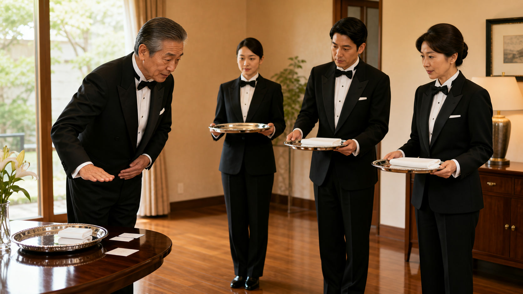アソシエイト段階で参照する基礎研修。講師と受講者が礼法と奉仕の基本を学ぶ場面