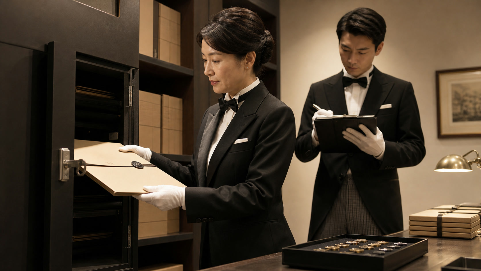機密書類を鍵付き保管庫へ収納し、情報を保護する執事