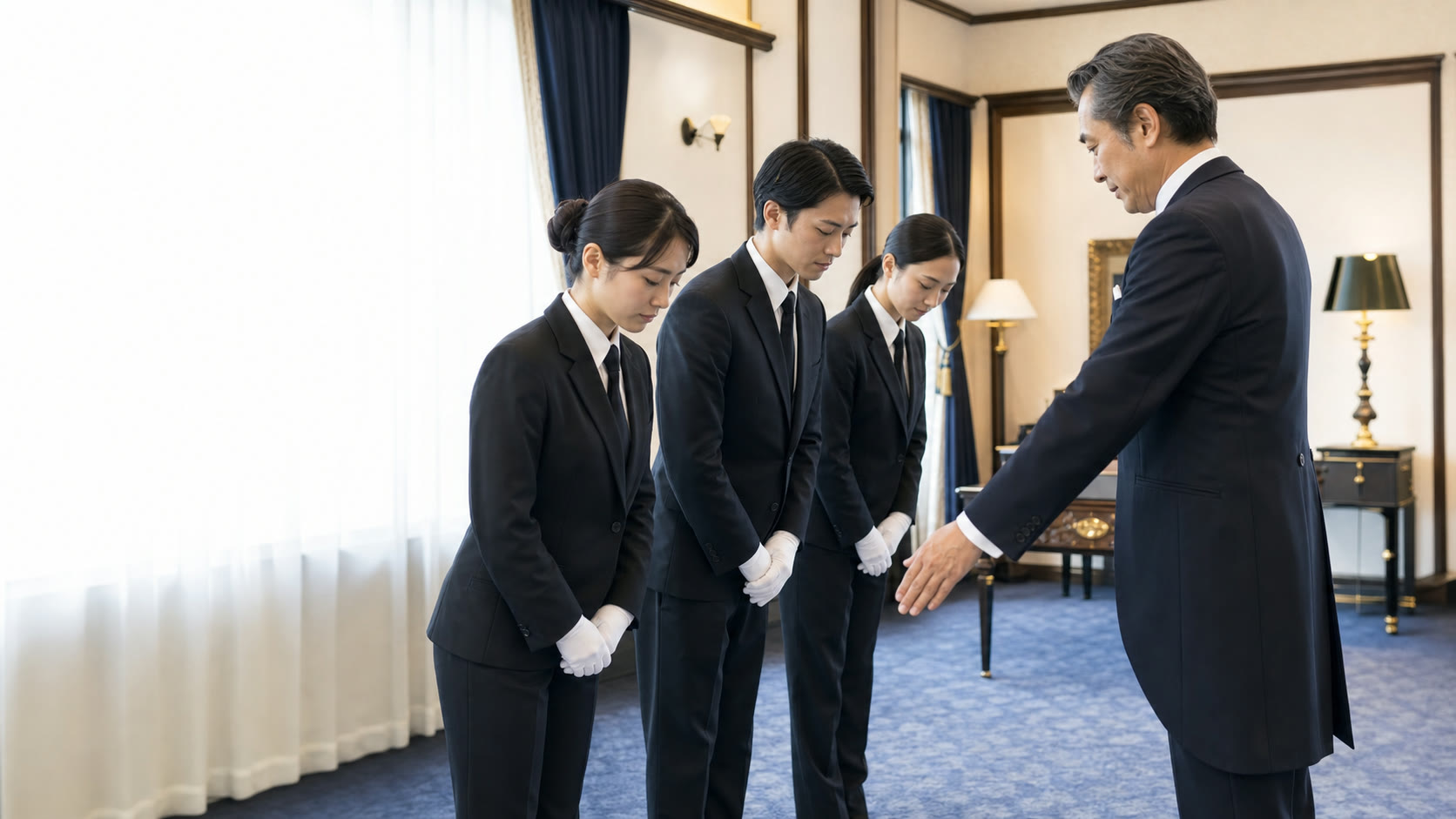 アソシエイト・バトラー段階の基礎研修。礼法と奉仕の基本を学ぶ場面