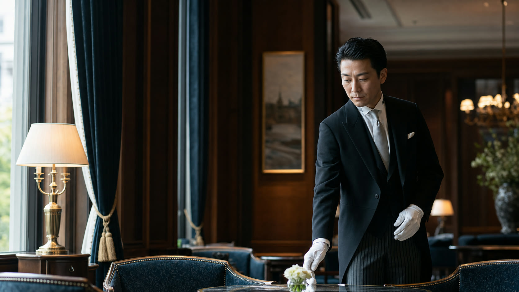 執事という職能の象徴。静謐な空間で品格ある奉仕の姿勢を示す場面