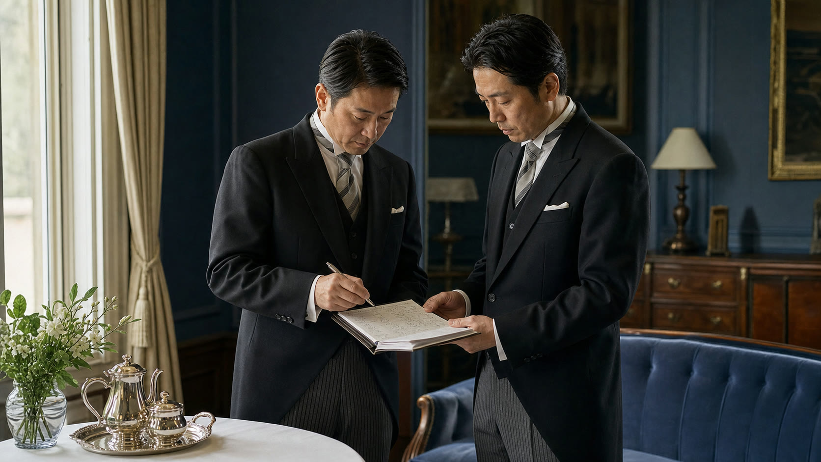 執事チームのブリーフィング。責任分担と当日の段取りを確認する様子