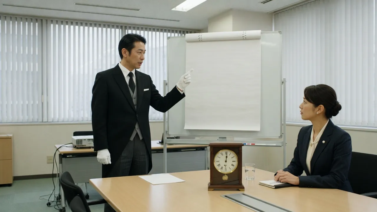 スケジュール管理研修で時間配分の技術を指導する執事と受講者