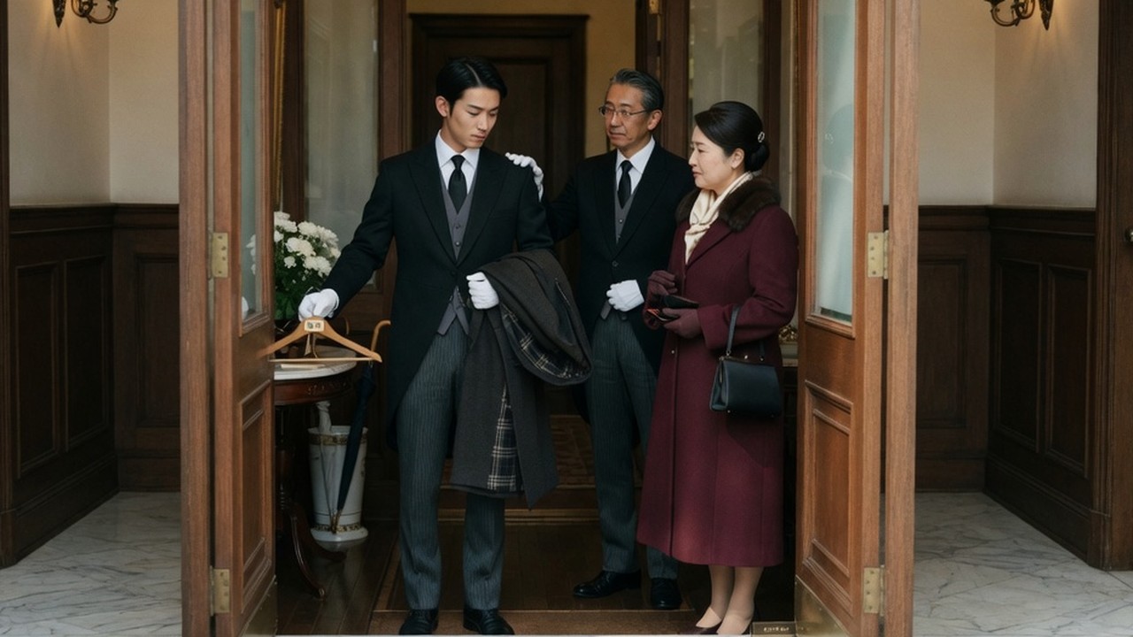 A footman butler receiving a guest's coat at the entrance of a private residence, handling daily housekeeping and simple secretarial duties