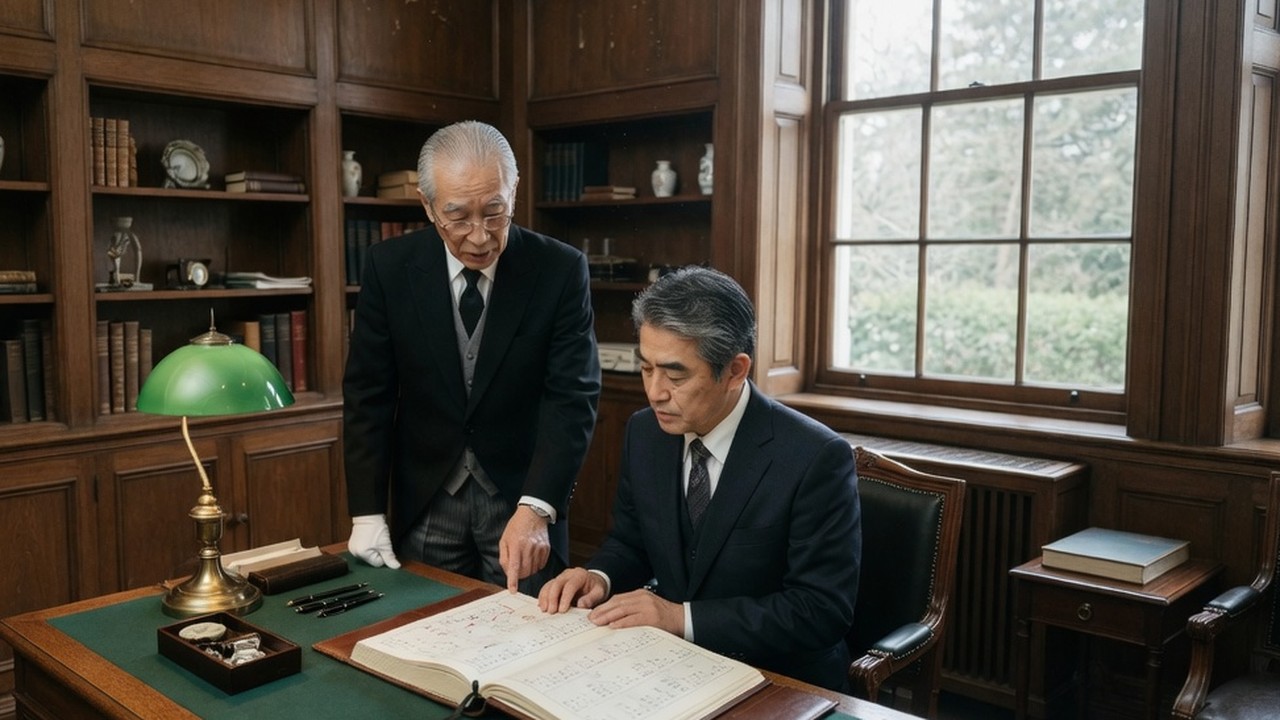 A senior butler managing household affairs and business support in the study of a residence, reviewing the client's schedule