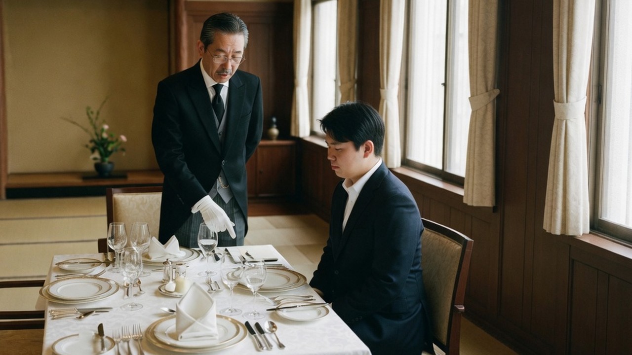 Associate Butler training scene, with a trainee learning the basics of table manners guided by a butler