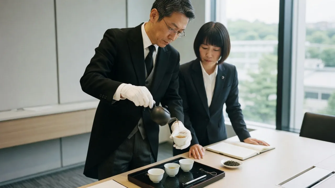 Tea Sommelier Butler研修風景。執事が紅茶の淹れ方とティーサービスを実践する様子