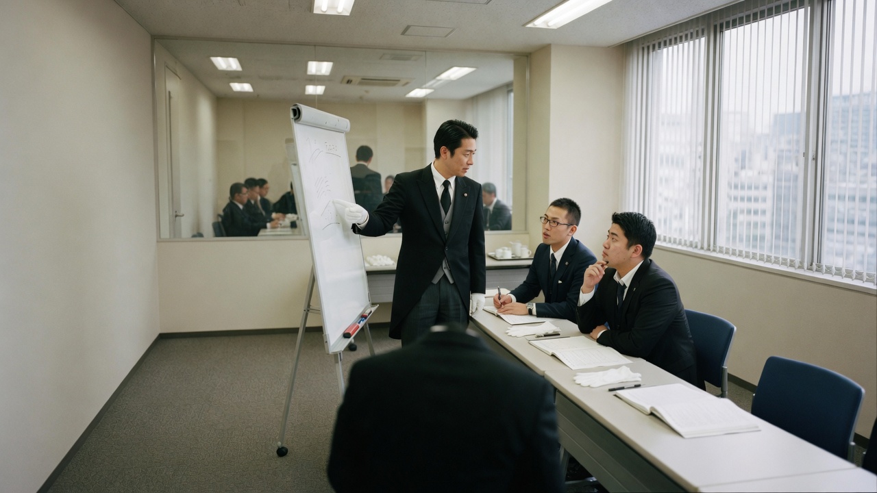 企業向け執事研修プログラムで受講者に所作を指導する執事の様子