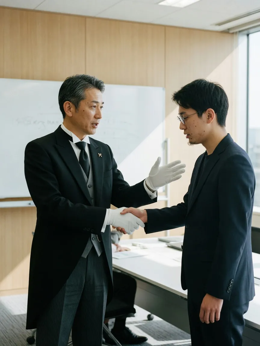 An international exchange scene of serving guests from diverse backgrounds
