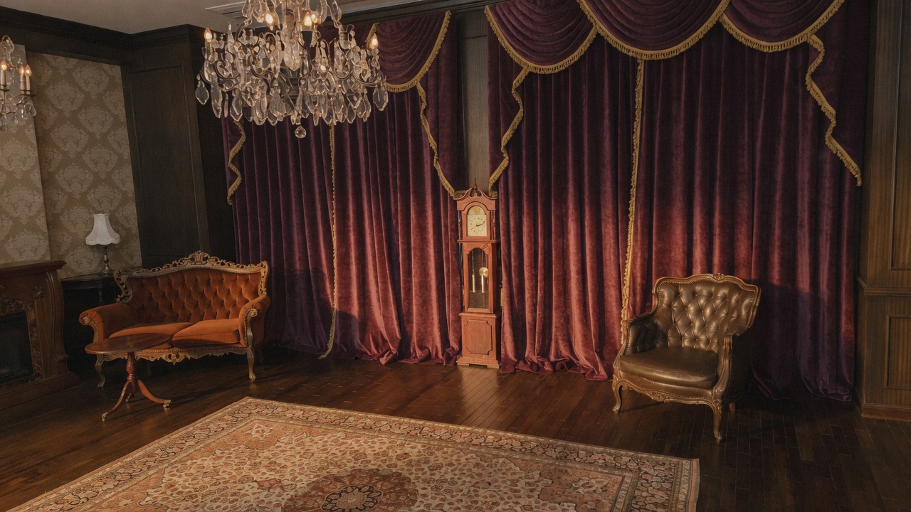 A salon lounge with purple curtains