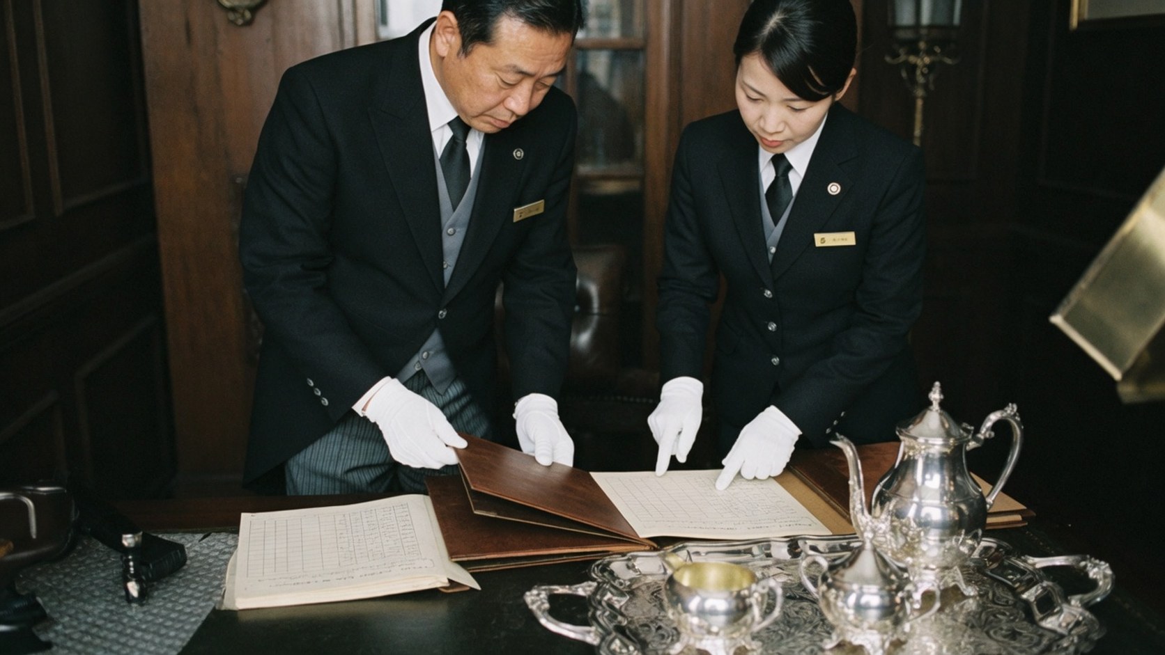 記録の点検と取扱いを確認する手元の作業