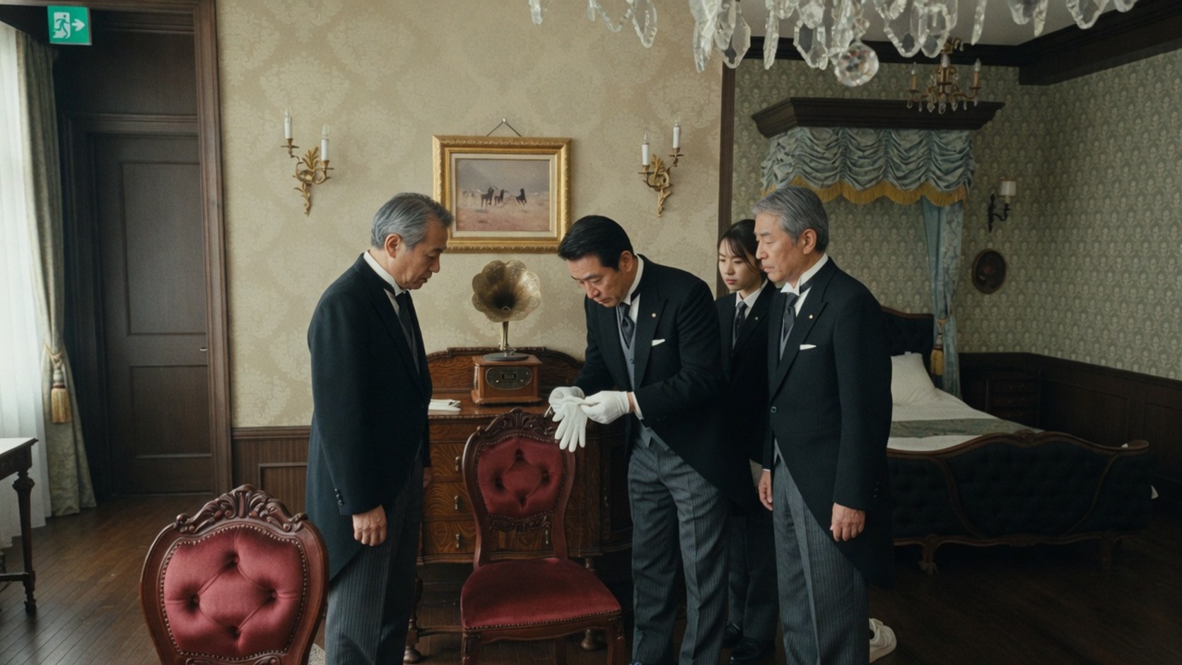 手元の角度と受け渡しを点検する執事の作業風景