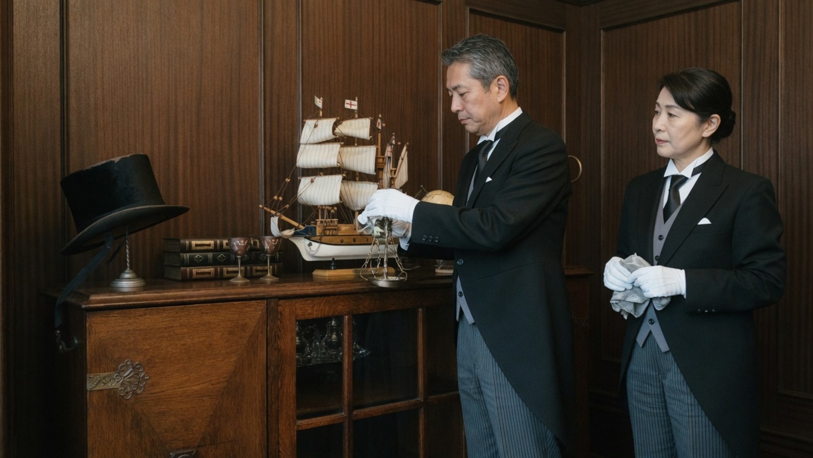 静謐な空間に立つ執事。倫理と品位を象徴する佇まい
