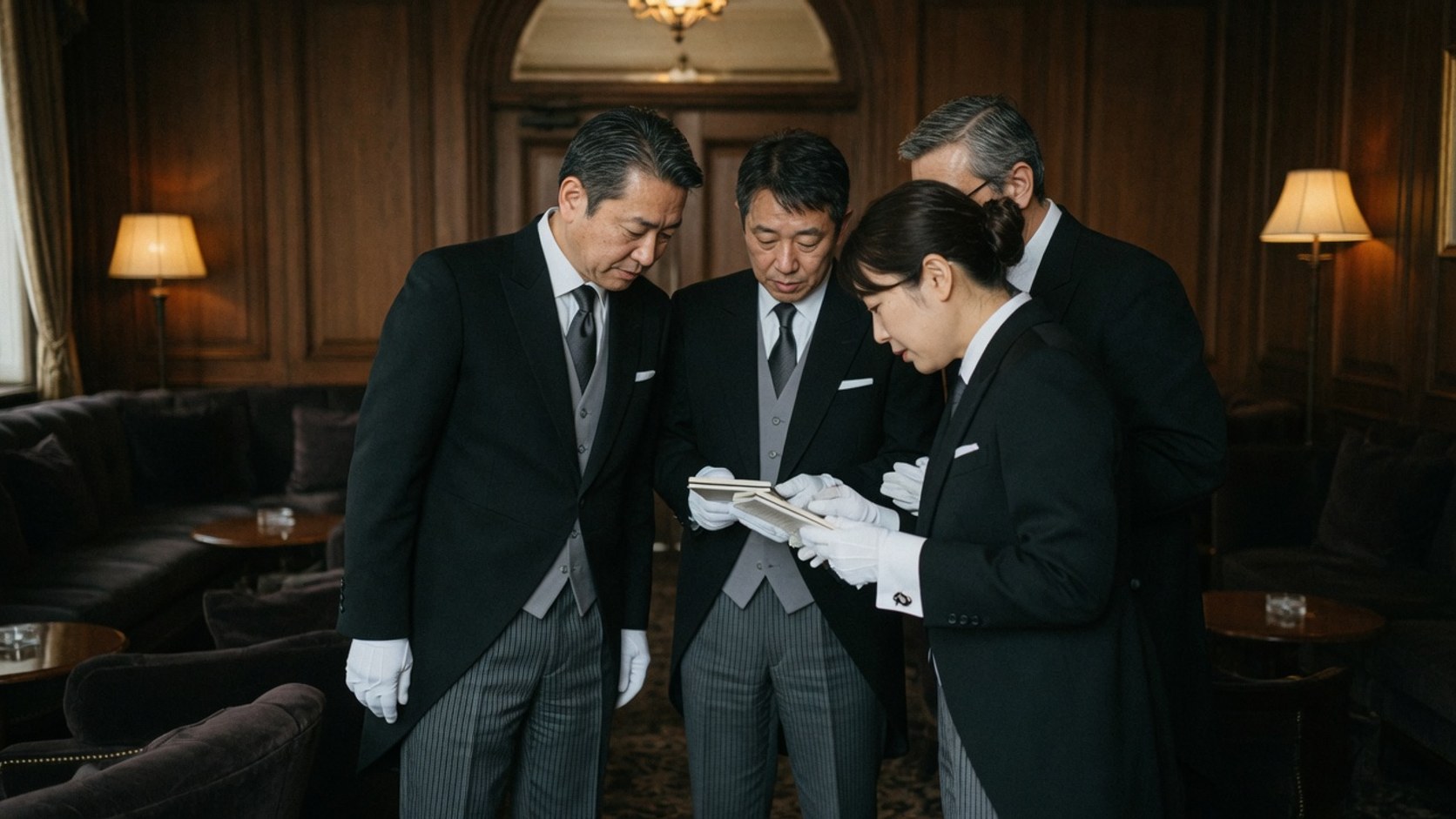 接遇の段取りを静かに確認する執事たちの打ち合わせ