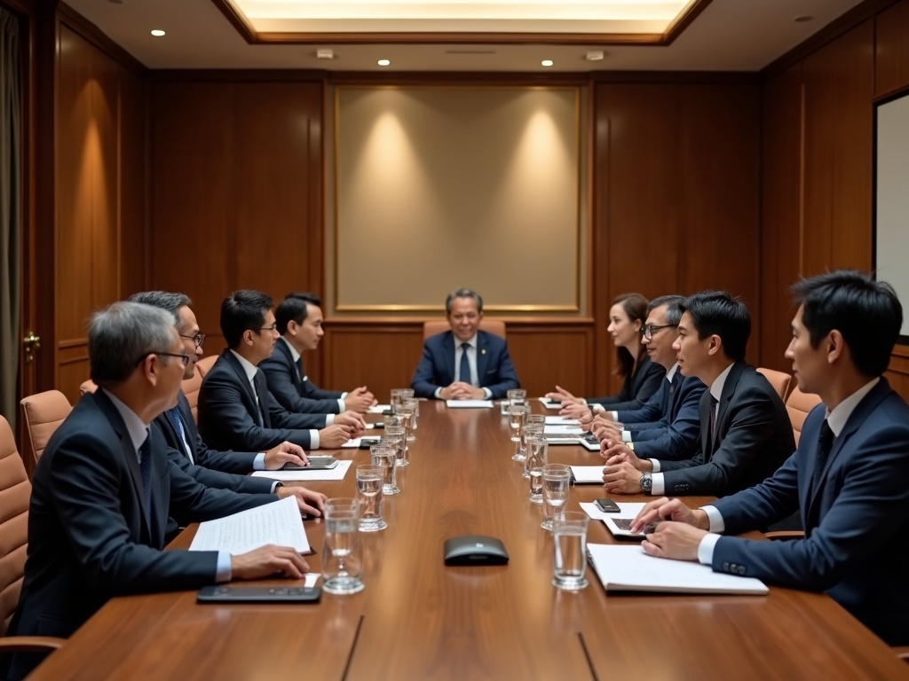 会議室で部門を越えて協議するスタッフたち。専門性を活かした協会の部門体制