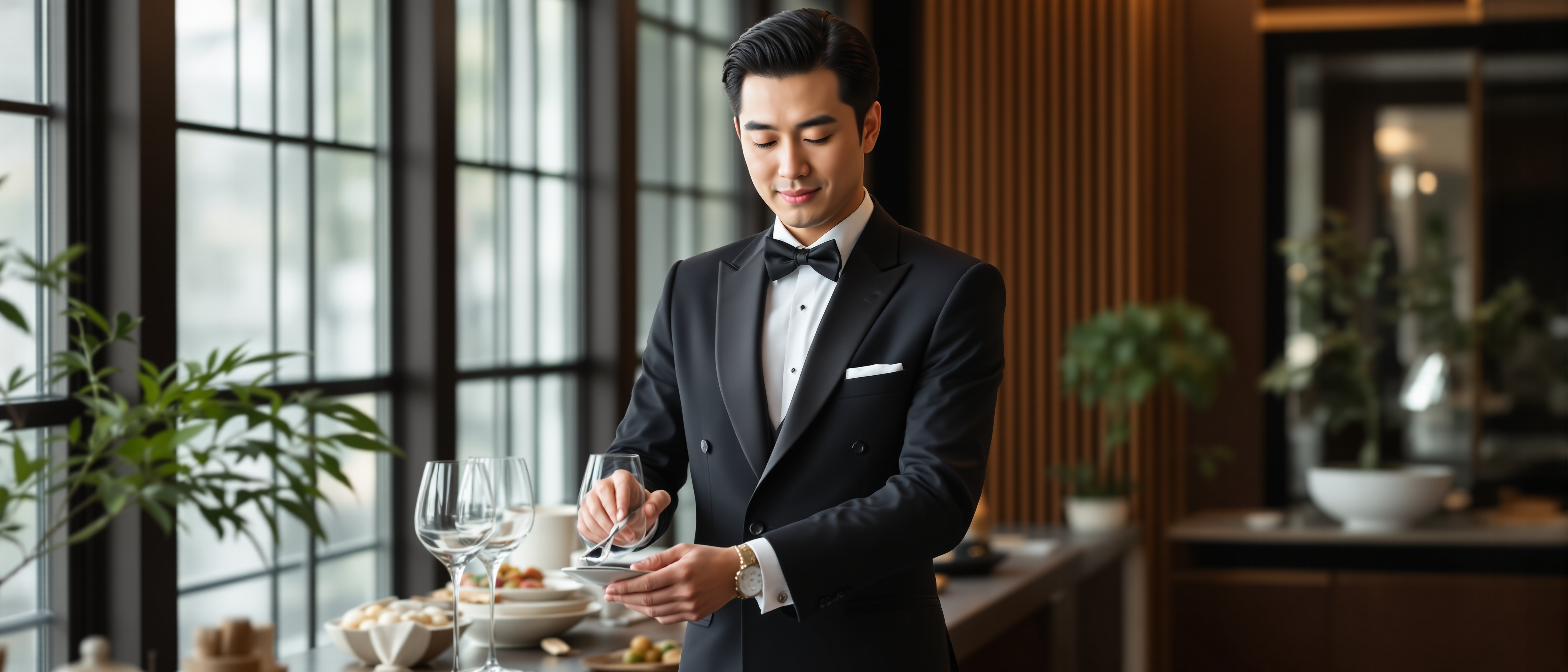 Footman service. A butler supporting guests through attentive table-side service