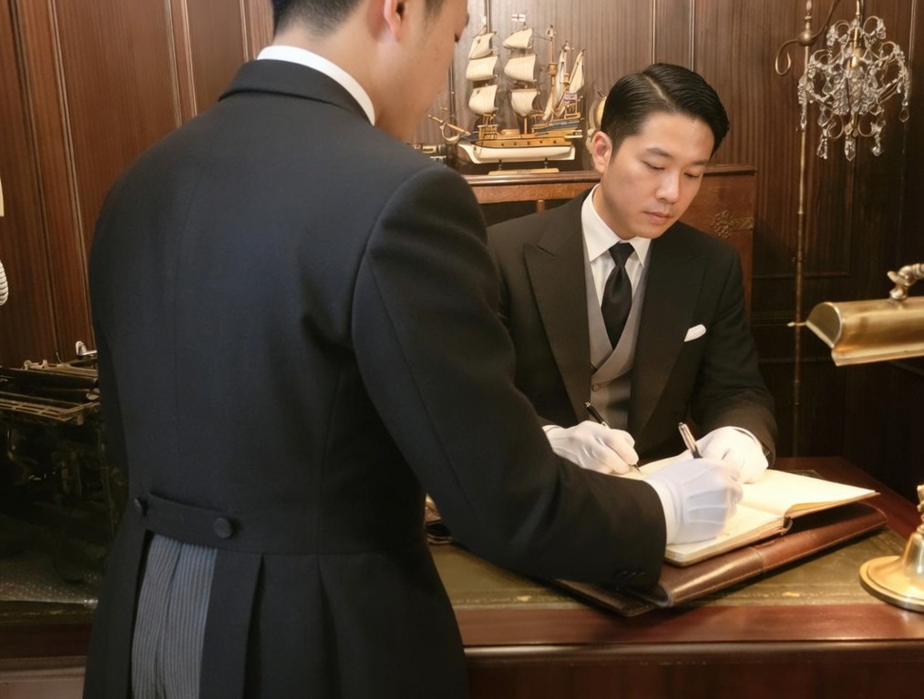A Japanese butler instructor guiding practical training, showing department staff engaged in education activities