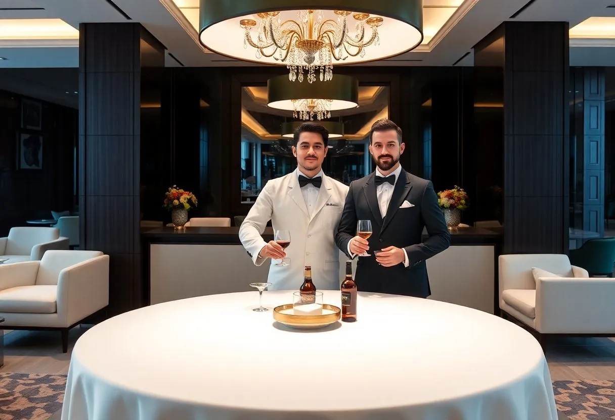 ホテルラウンジで正装のサービス担当者が飲み物を示すRafflesキャンペーン関連記事のイメージ