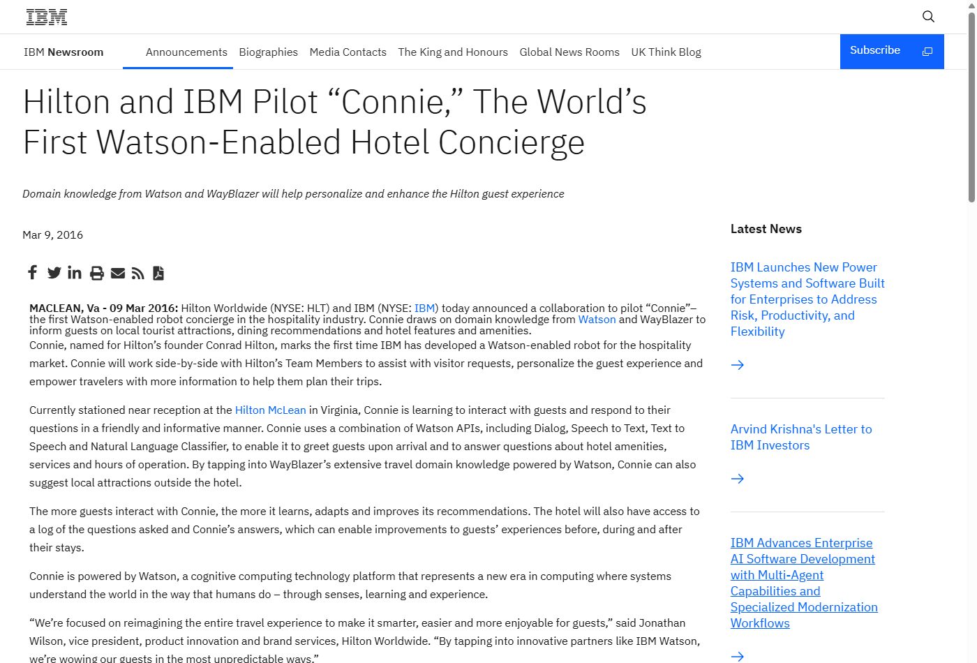 HiltonとIBMがロボットコンシェルジュConnieを試験導入したことを伝えるIBM公式ニュースルームのスクリーンショット