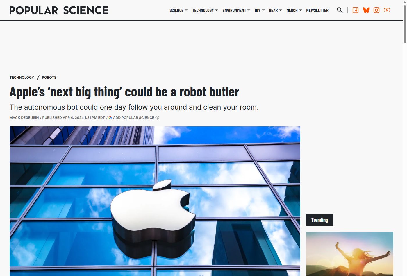 Screenshot of the Popular Science article on Apple's home robot