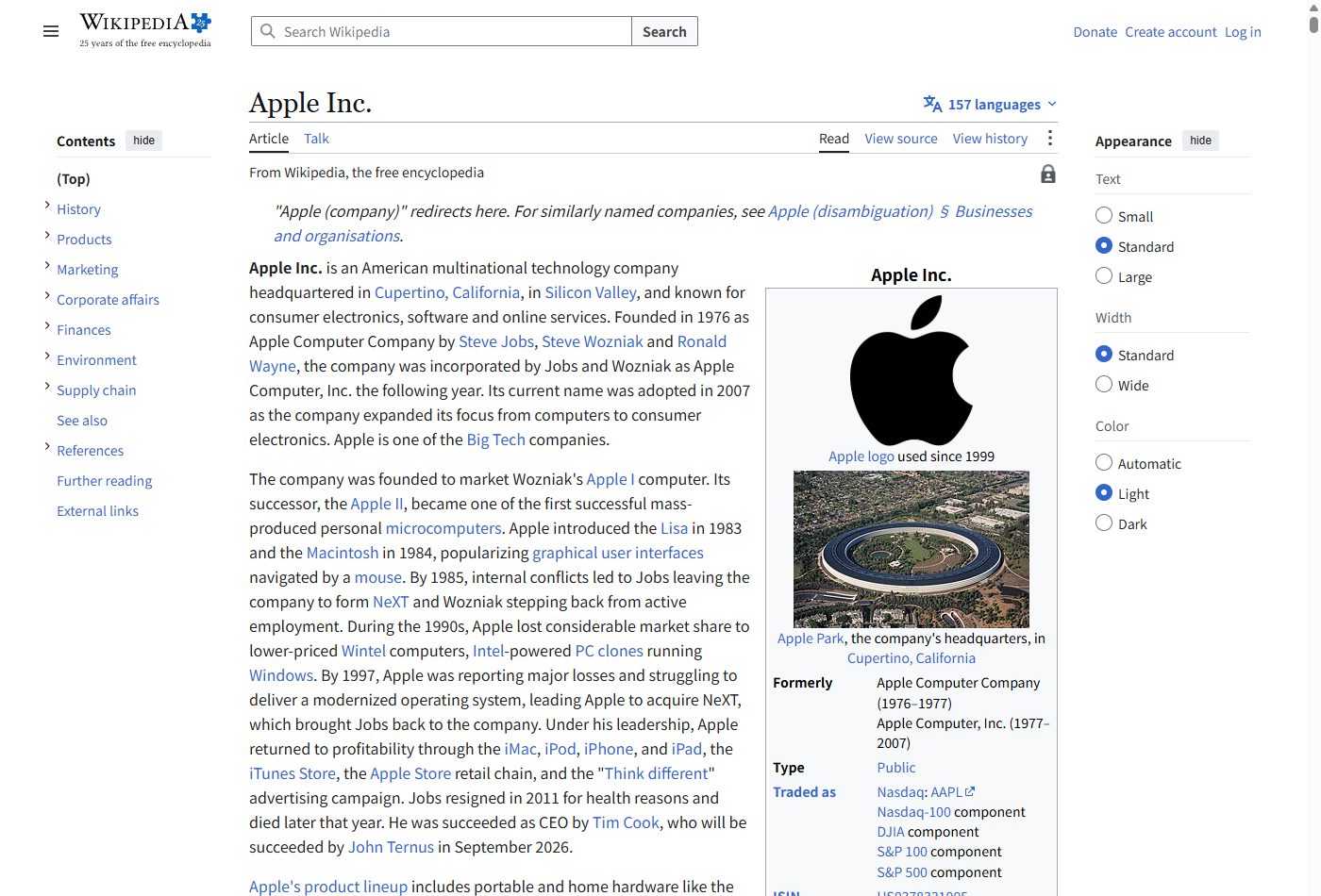Screenshot of the English Wikipedia page describing Apple Inc.