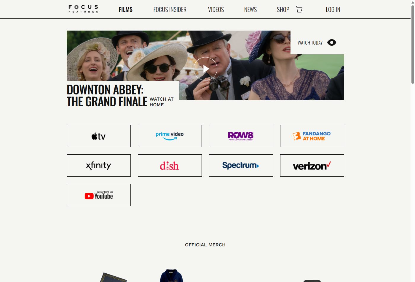 配給元フォーカス・フィーチャーズの公式サイトに掲載された映画Downton Abbey: The Grand Finaleの作品紹介ページのスクリーンショット
